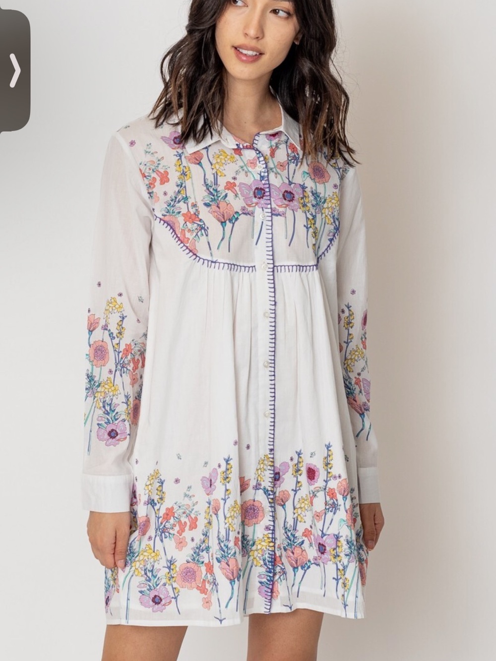 En Creme Floral Blooms Button Front Stitched Trim Mini Shirt Dress Women's